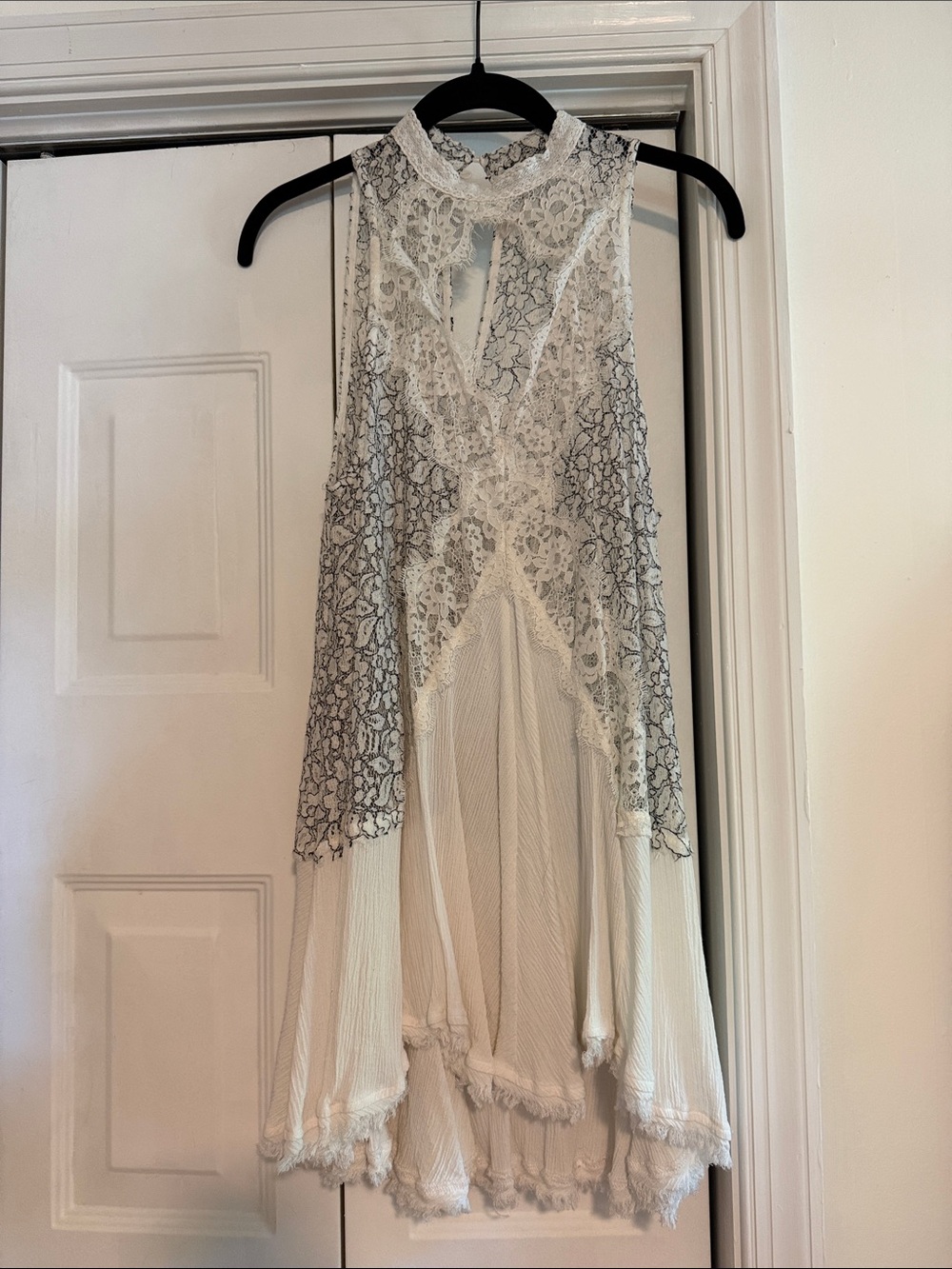 Free People White Lace Halter Dress with Black Trim